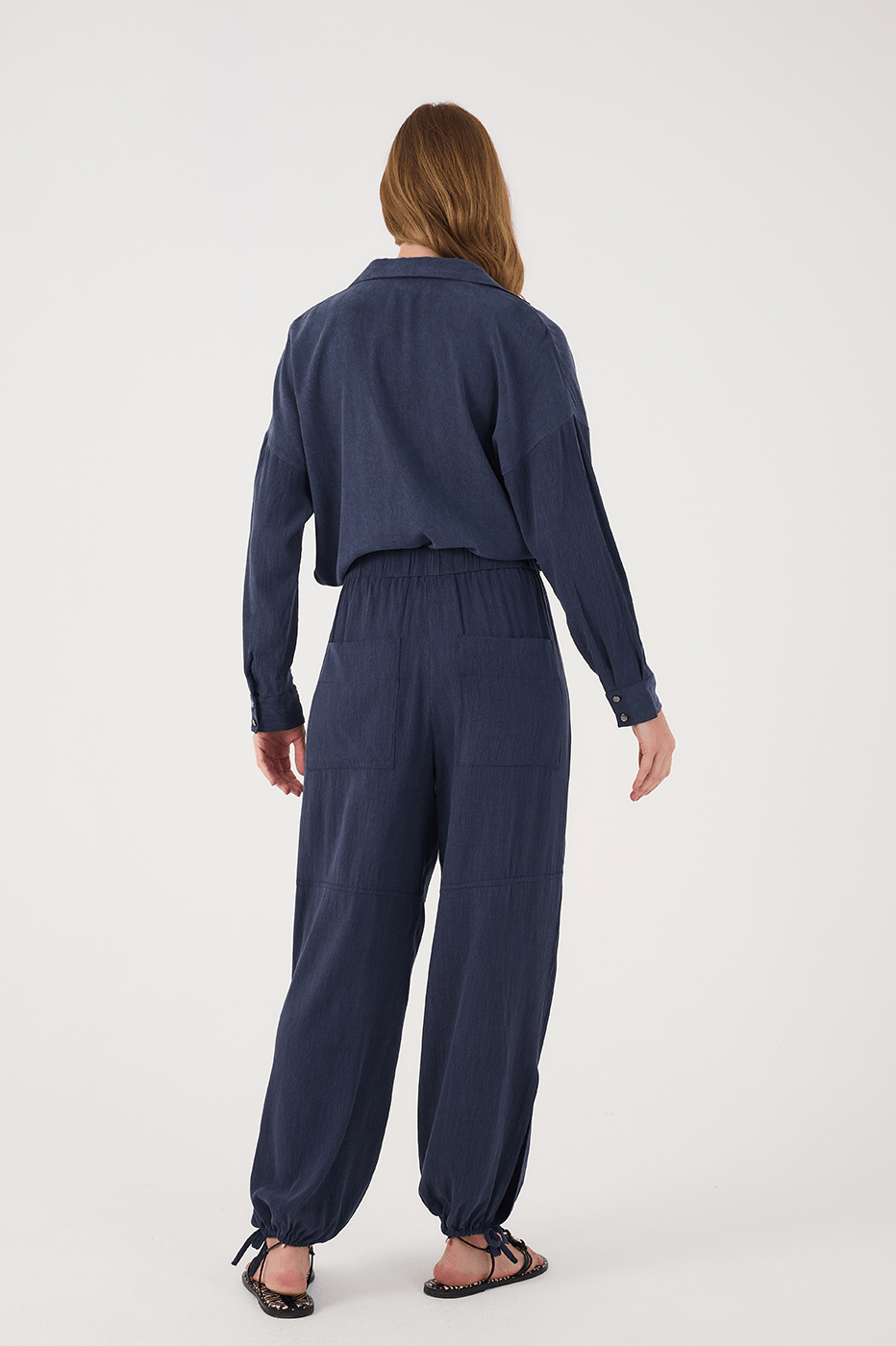 Indigo Blue Drawstring Waist Side Pockets Tied Hem Pants