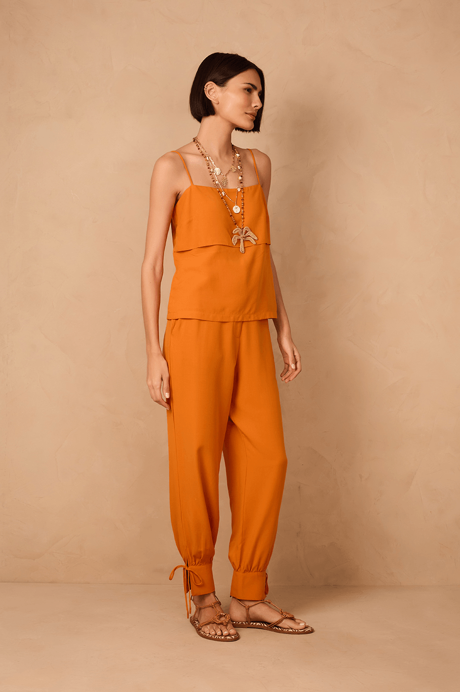 Orange Samba Side Pockets Tied Hem Pants