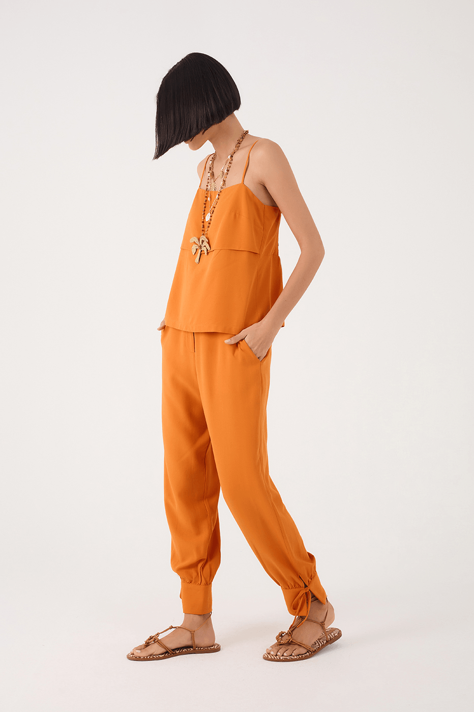 Orange Samba Side Pockets Tied Hem Pants