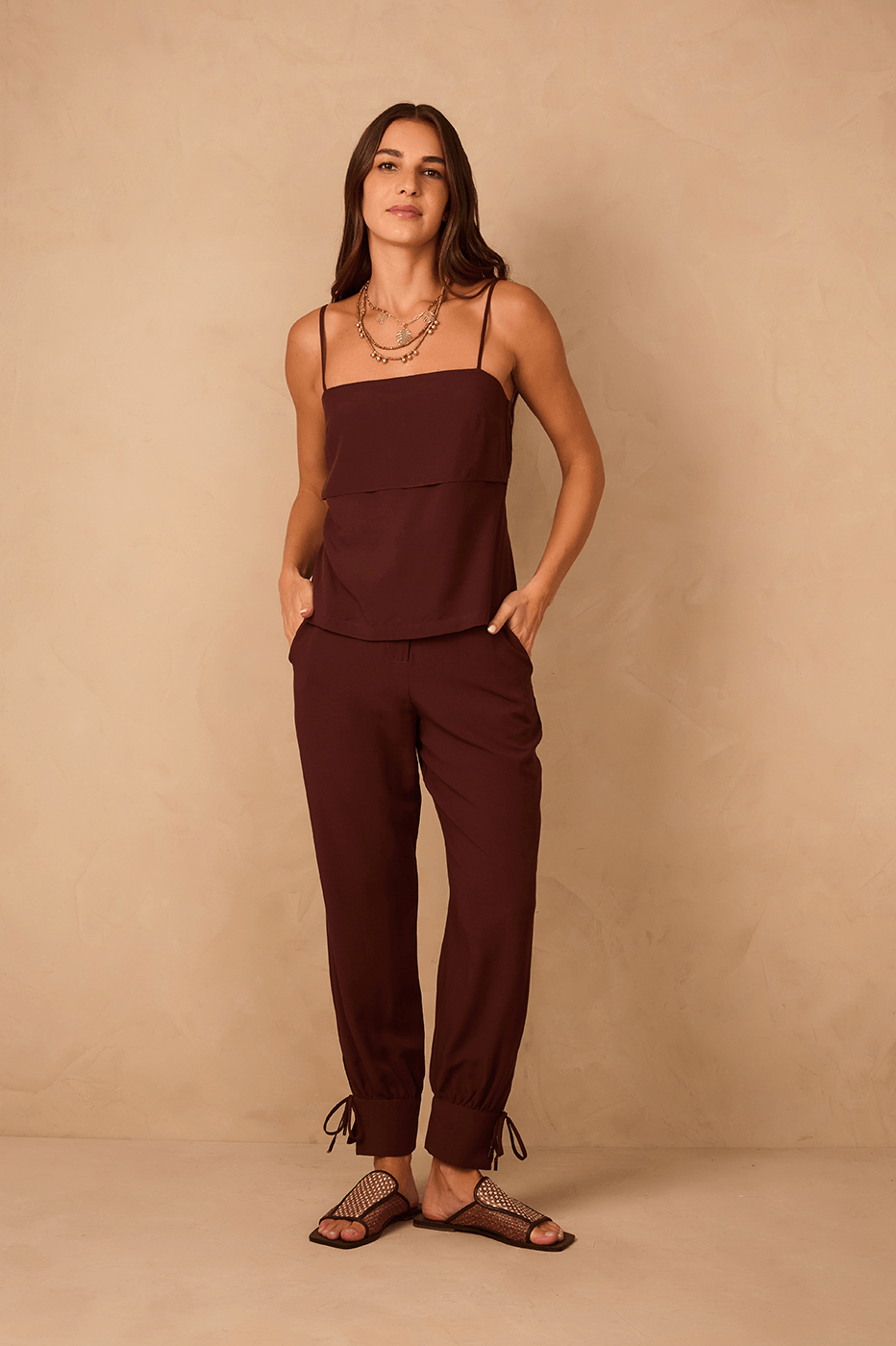 Brown Caffeine Side Pockets Tied Hem Pants