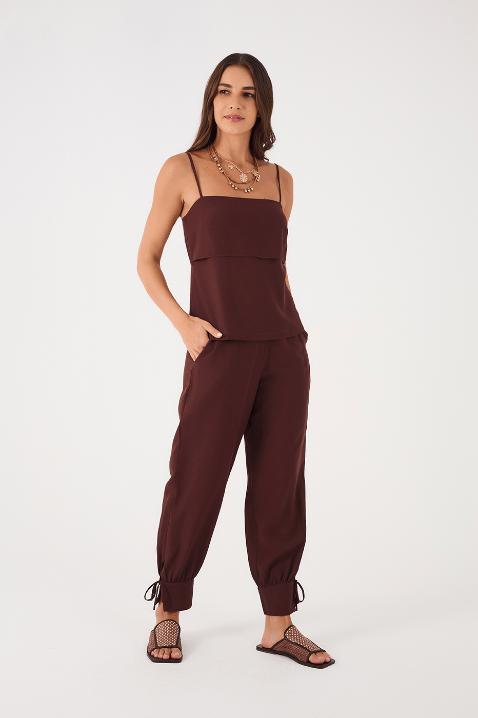 Brown Caffeine Side Pockets Tied Hem Pants
