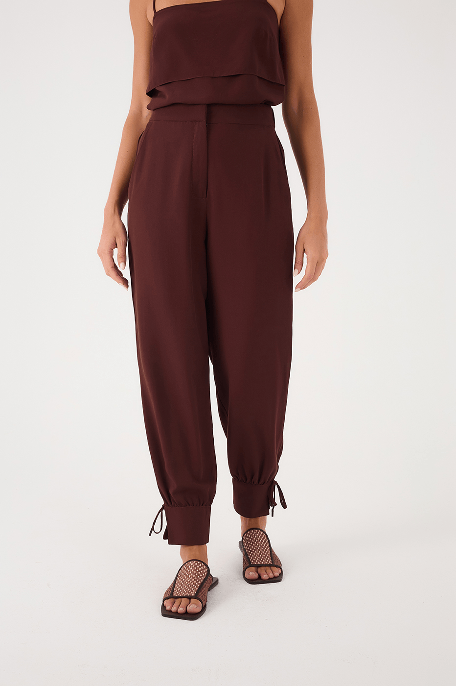 Brown Caffeine Side Pockets Tied Hem Pants