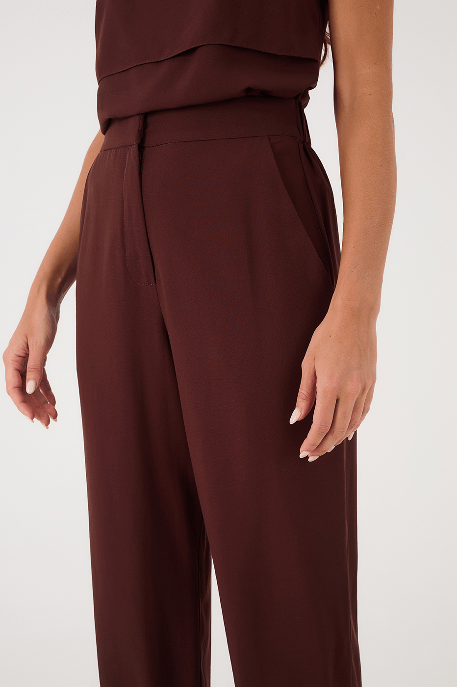 Brown Caffeine Side Pockets Tied Hem Pants