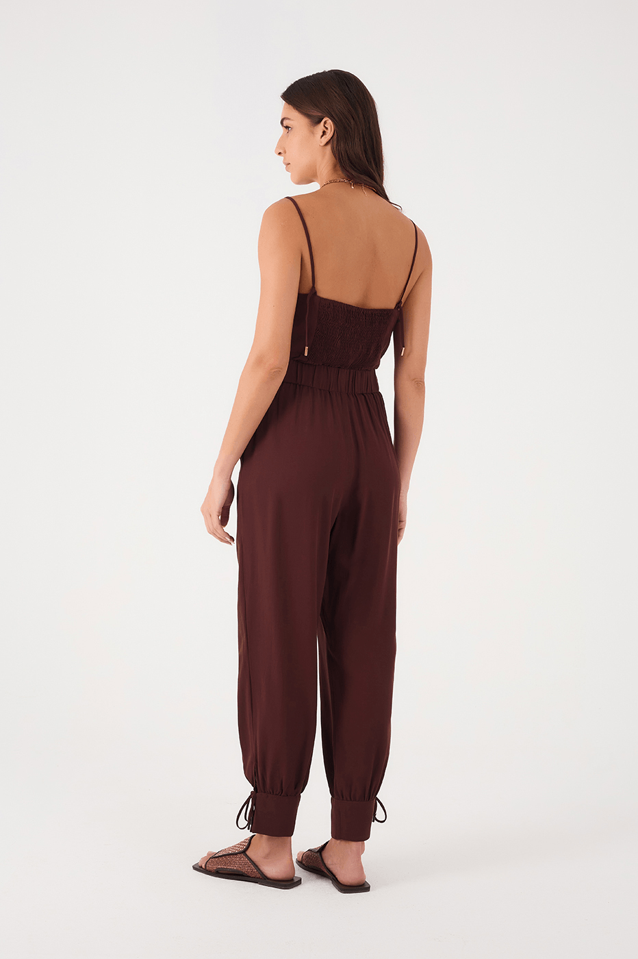 Brown Caffeine Side Pockets Tied Hem Pants