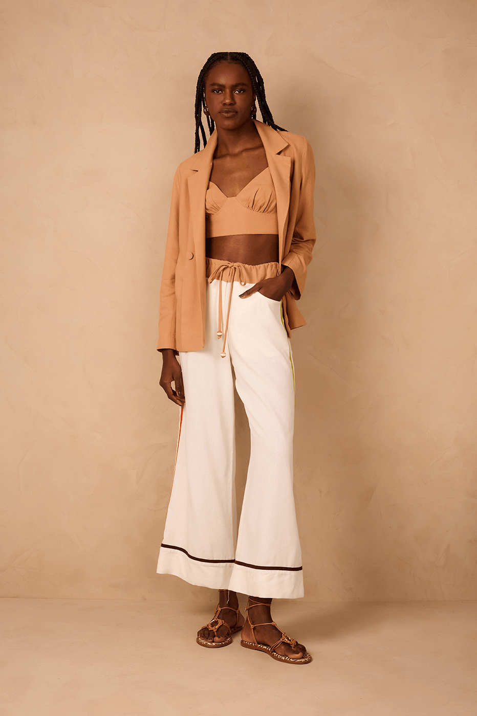 Off-White Drawstring Waist Colorful Trim Linen Pants