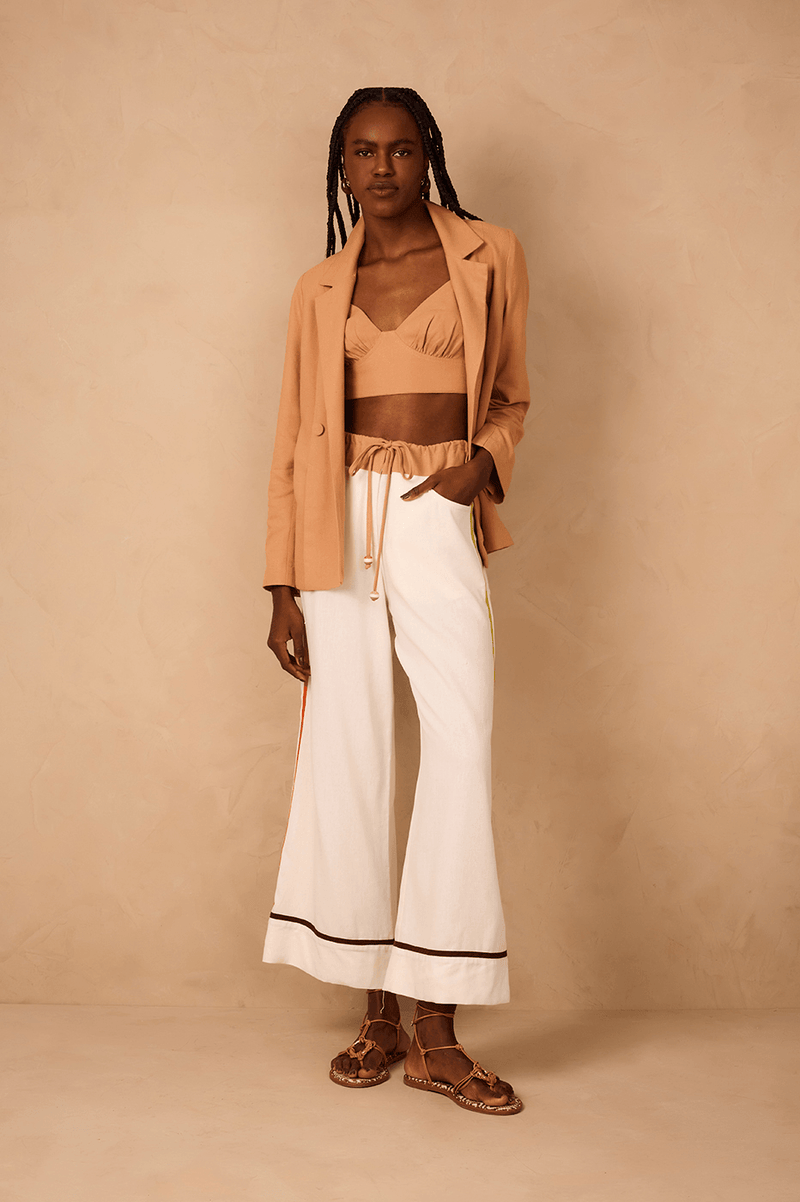 Off-White Drawstring Waist Colorful Trim Linen Pants_1