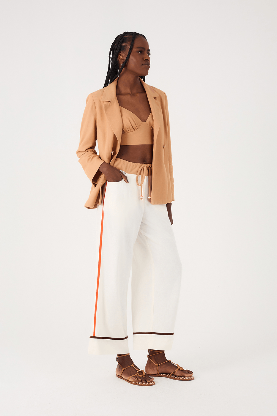 Off-White Drawstring Waist Colorful Trim Linen Pants
