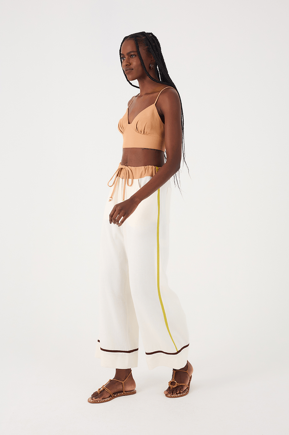 Off-White Drawstring Waist Colorful Trim Linen Pants