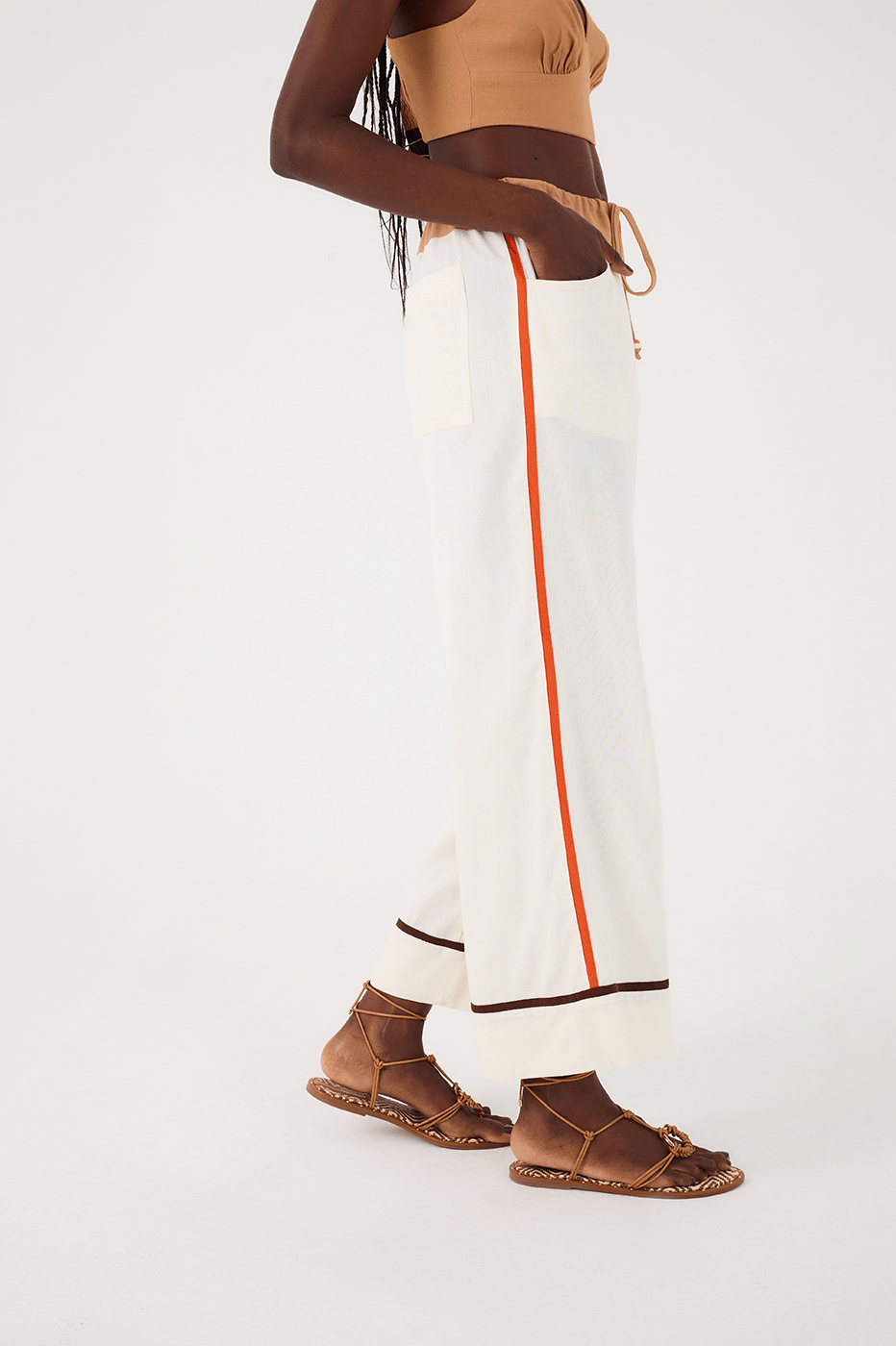 Off-White Drawstring Waist Colorful Trim Linen Pants