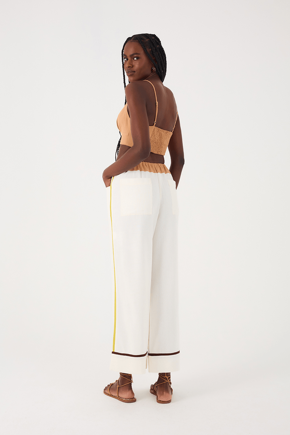 Off-White Drawstring Waist Colorful Trim Linen Pants