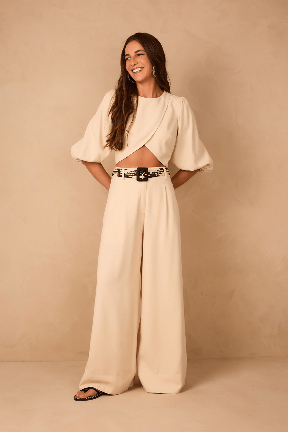 Off-White Elastic Waist Side Pockets Wide-Leg Linen Pants