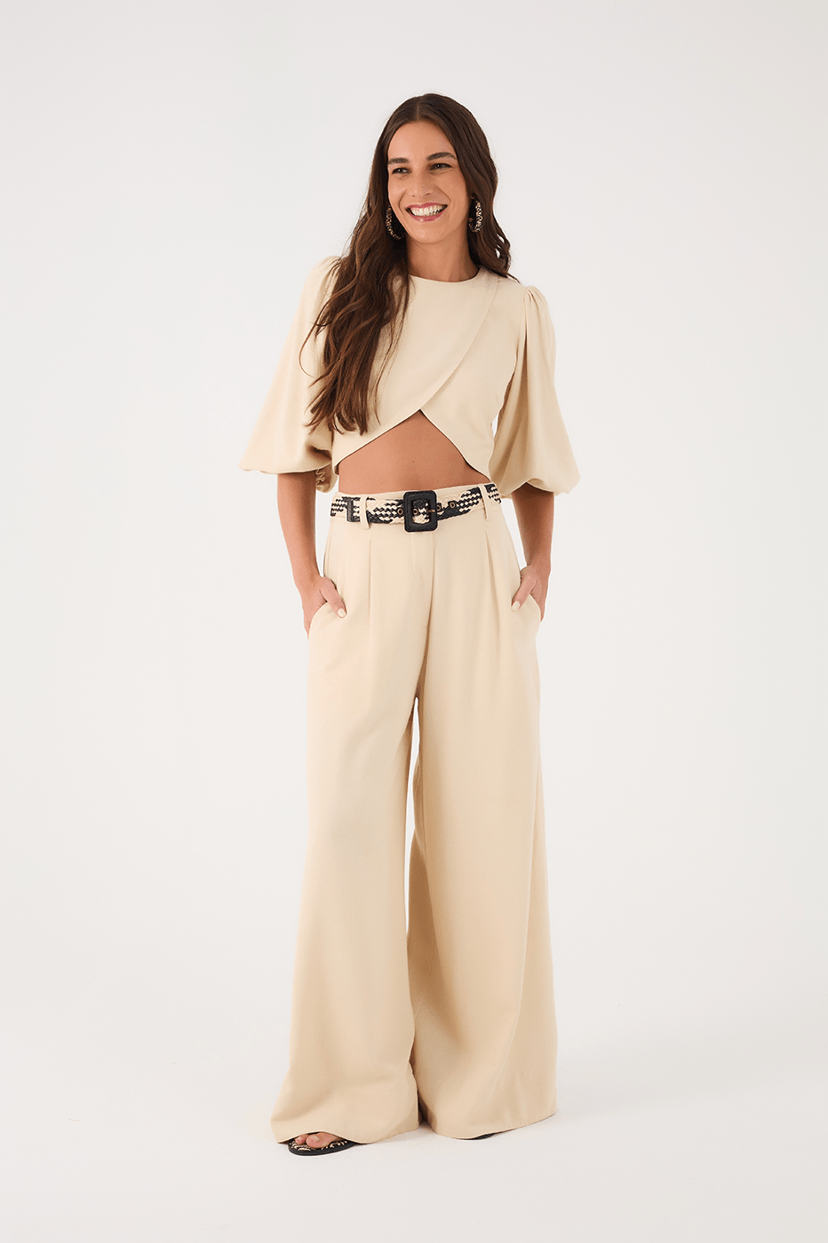 Off-White Elastic Waist Side Pockets Wide-Leg Linen Pants