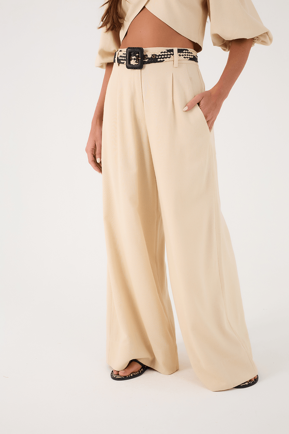 Off-White Elastic Waist Side Pockets Wide-Leg Linen Pants