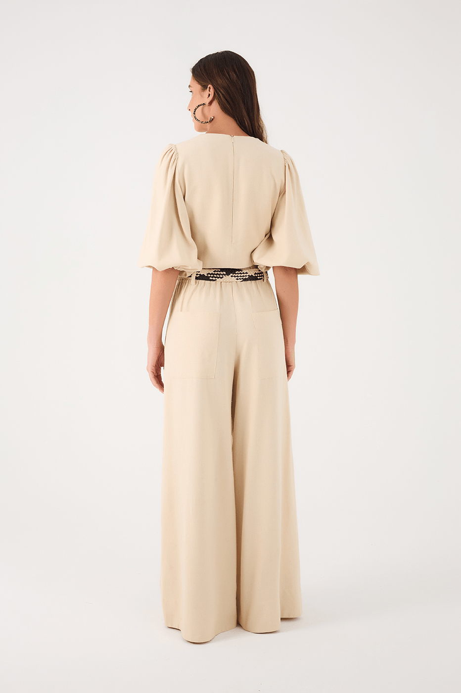 Off-White Elastic Waist Side Pockets Wide-Leg Linen Pants