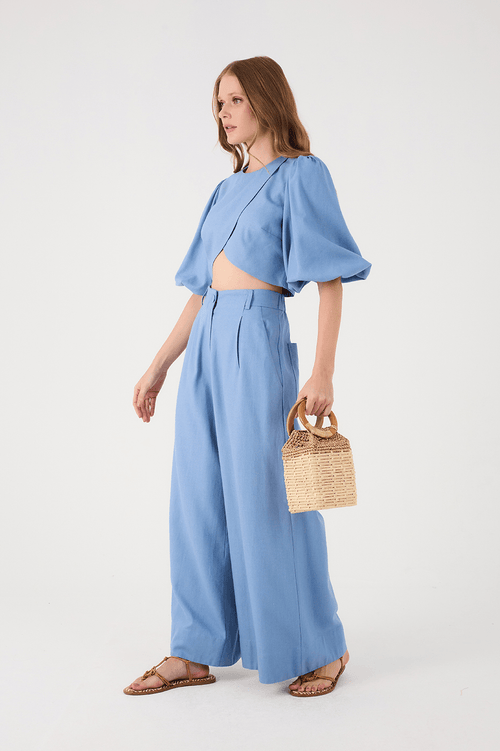 Azul Arpoador Elastic Waist Side Pockets Wide-Leg Linen Pants