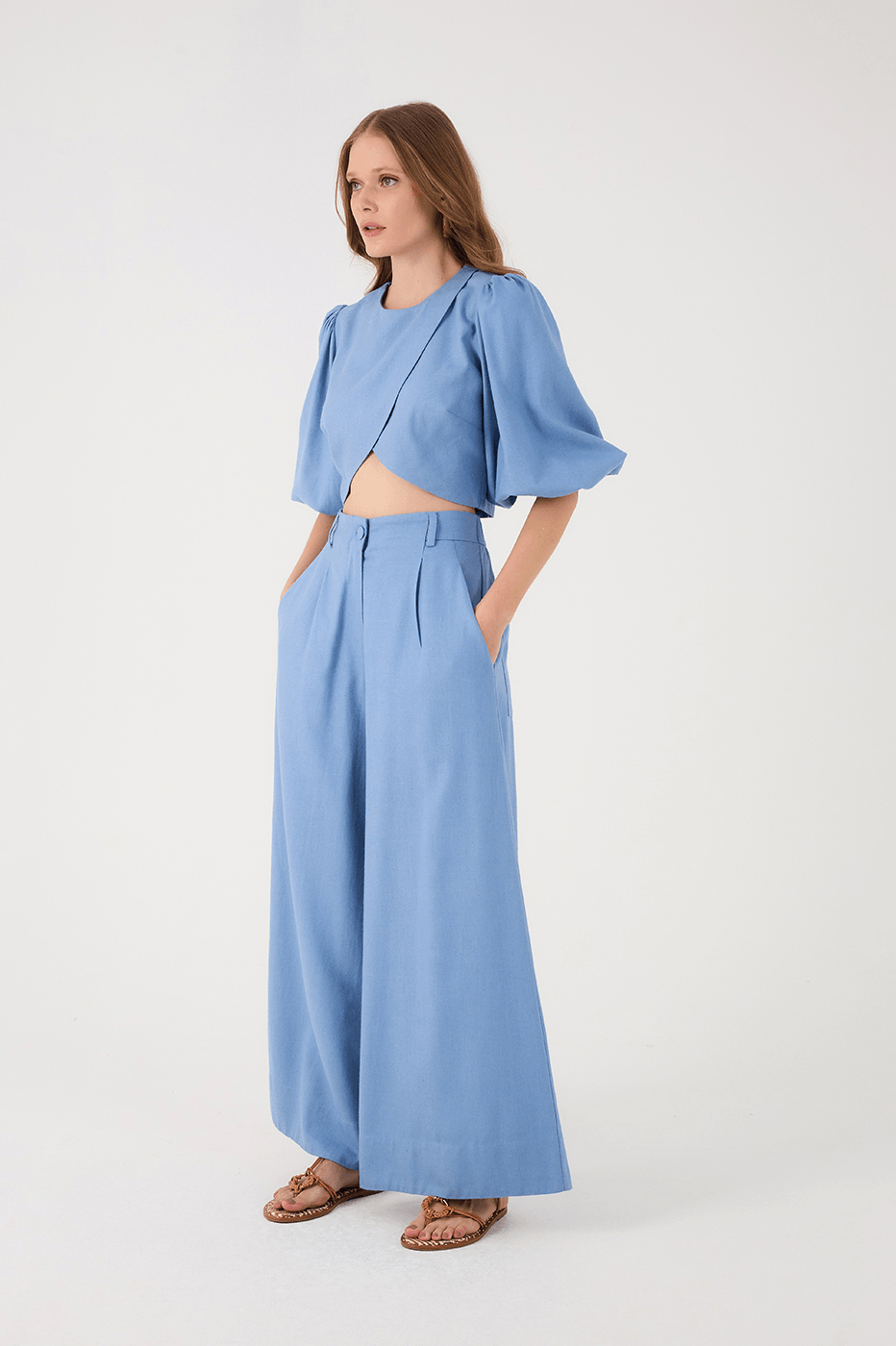 Azul Arpoador Elastic Waist Side Pockets Wide-Leg Linen Pants