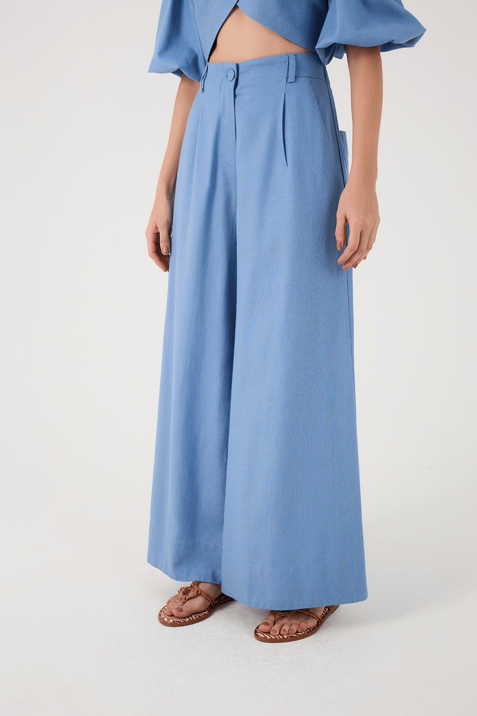 Azul Arpoador Elastic Waist Side Pockets Wide-Leg Linen Pants