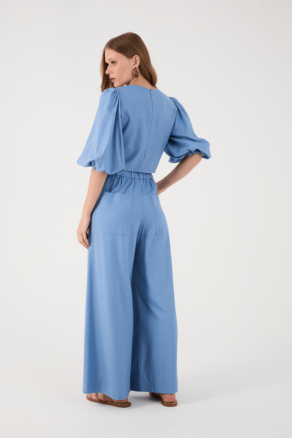 Azul Arpoador Elastic Waist Side Pockets Wide-Leg Linen Pants