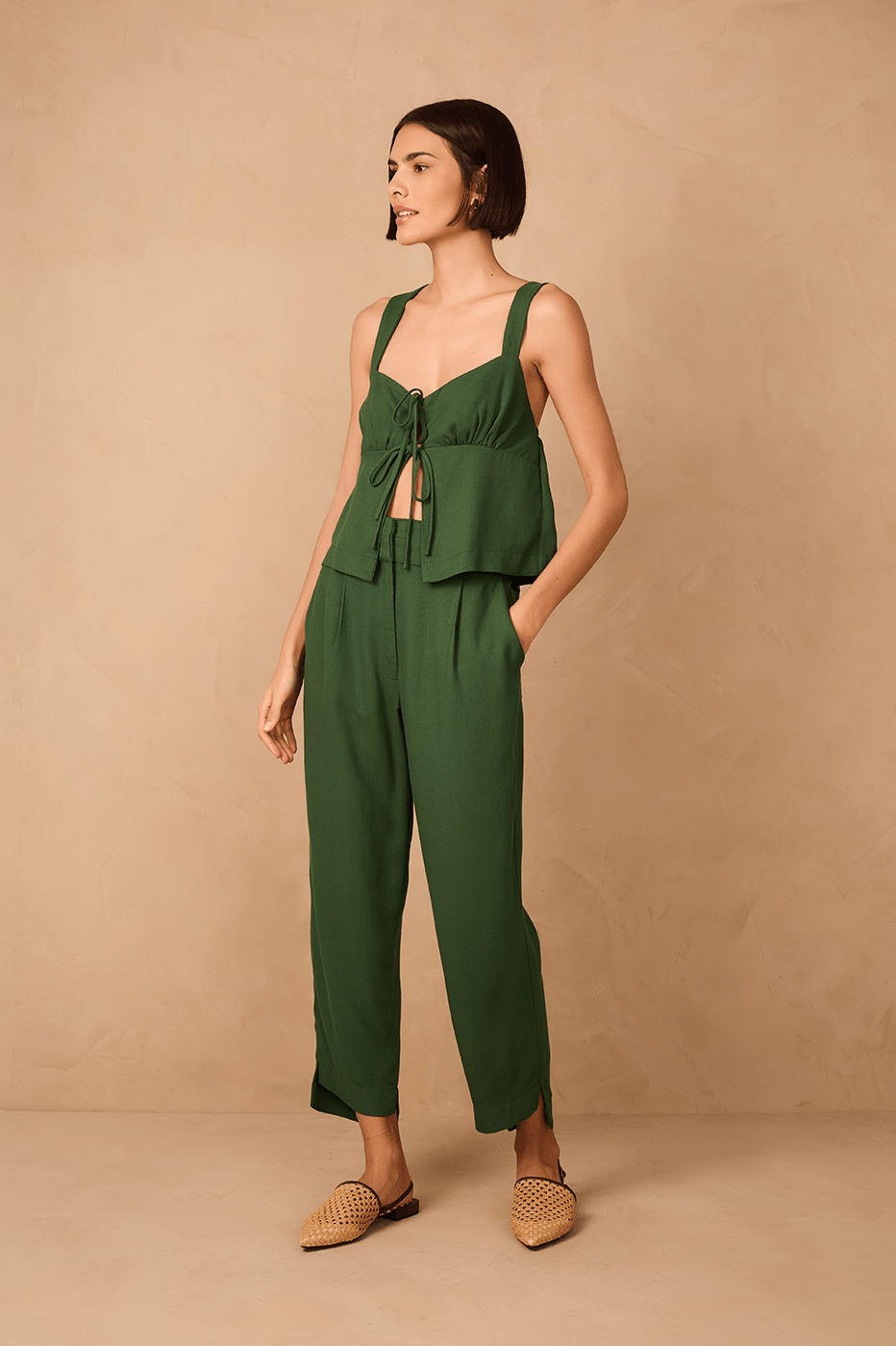 Green Botanico Double Waistline Side Pockets Pants