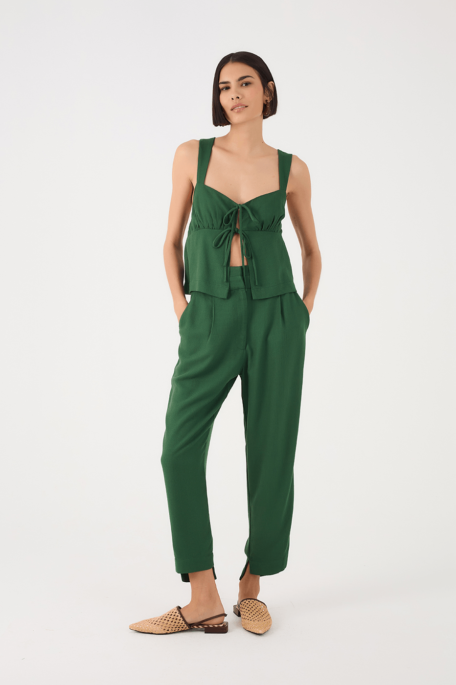 Green Botanico Double Waistline Side Pockets Pants