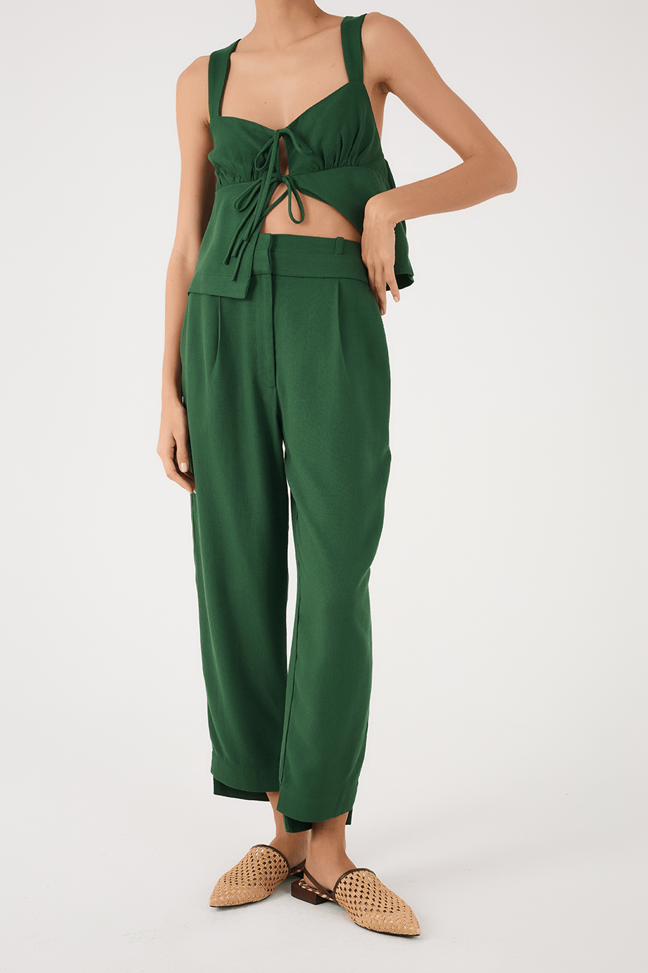 Green Botanico Double Waistline Side Pockets Pants