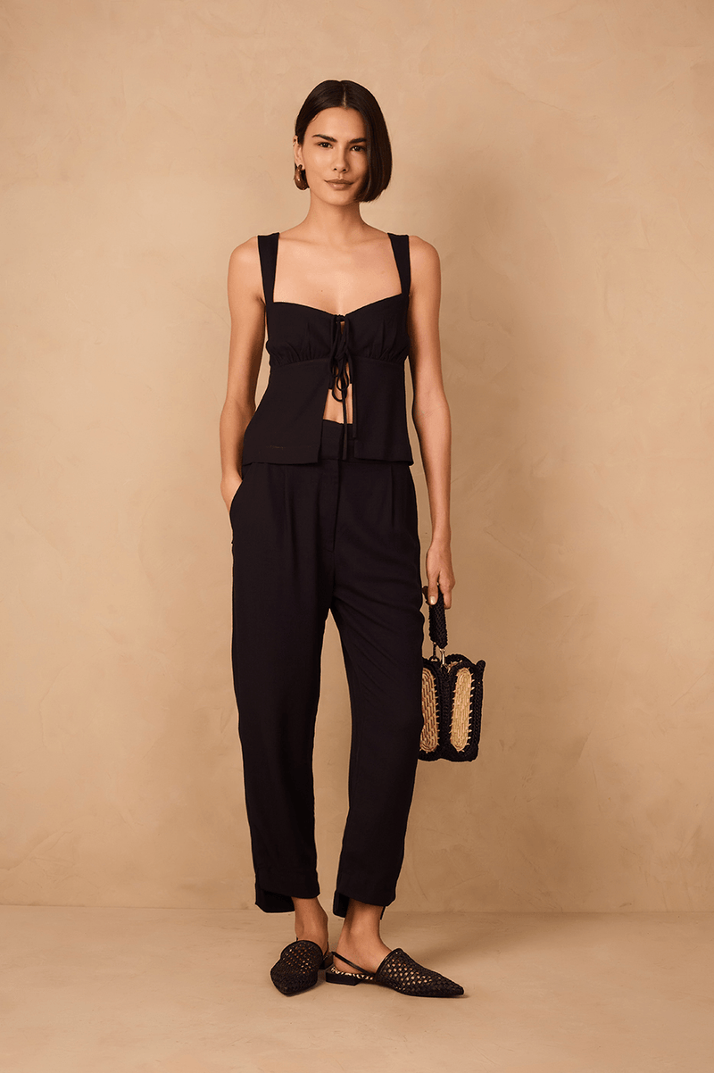 Black Double Waistline Side Pockets Pants_1