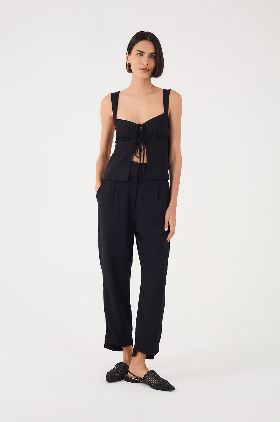 Black Double Waistline Side Pockets Pants