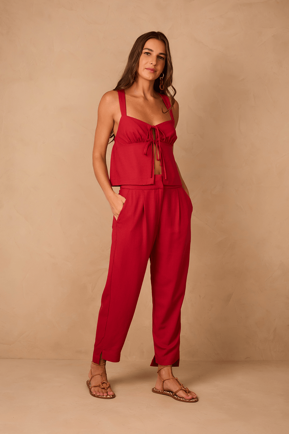 Red Encanto Double Waistline Side Pockets Pants