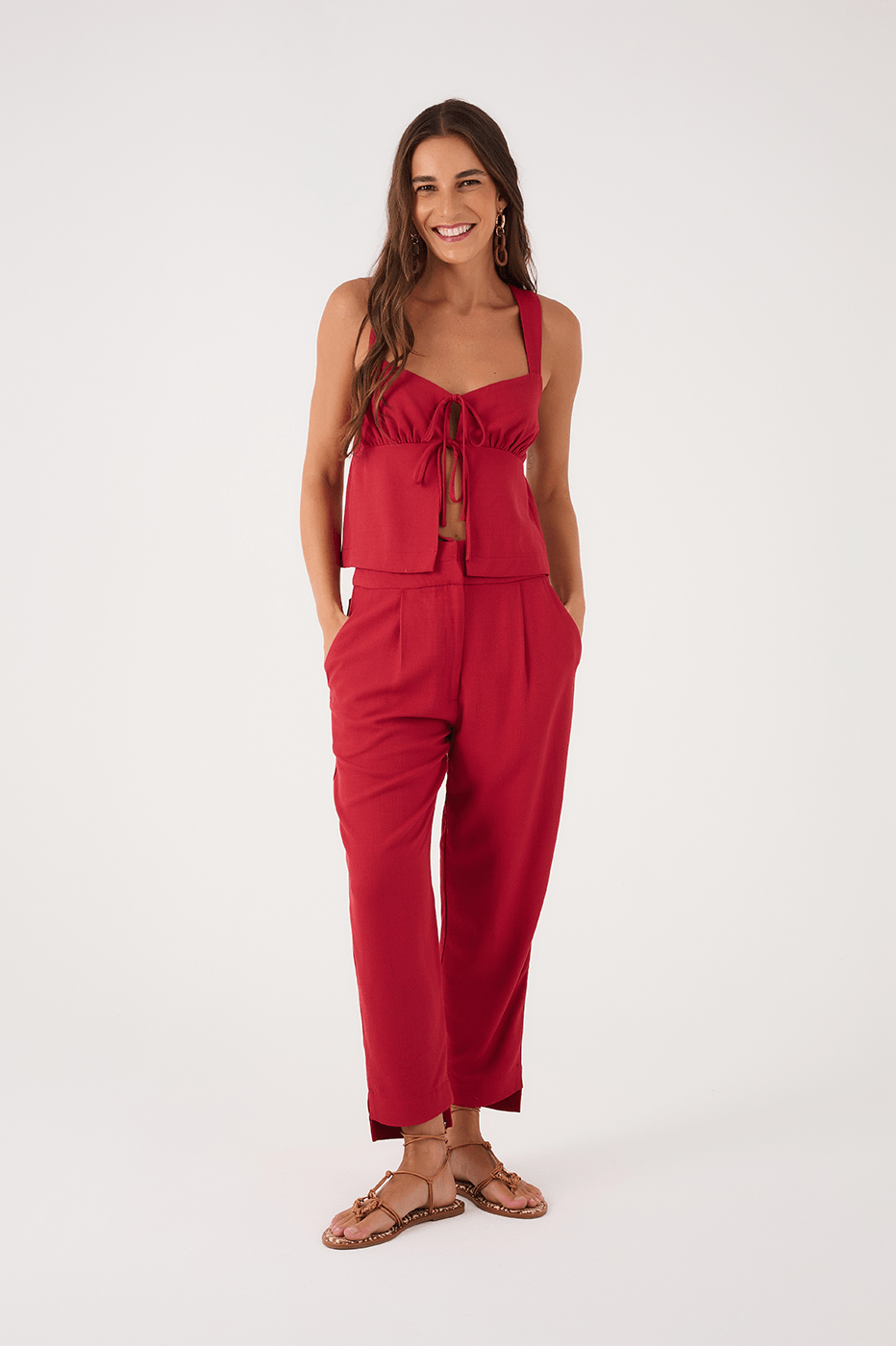 Red Encanto Double Waistline Side Pockets Pants