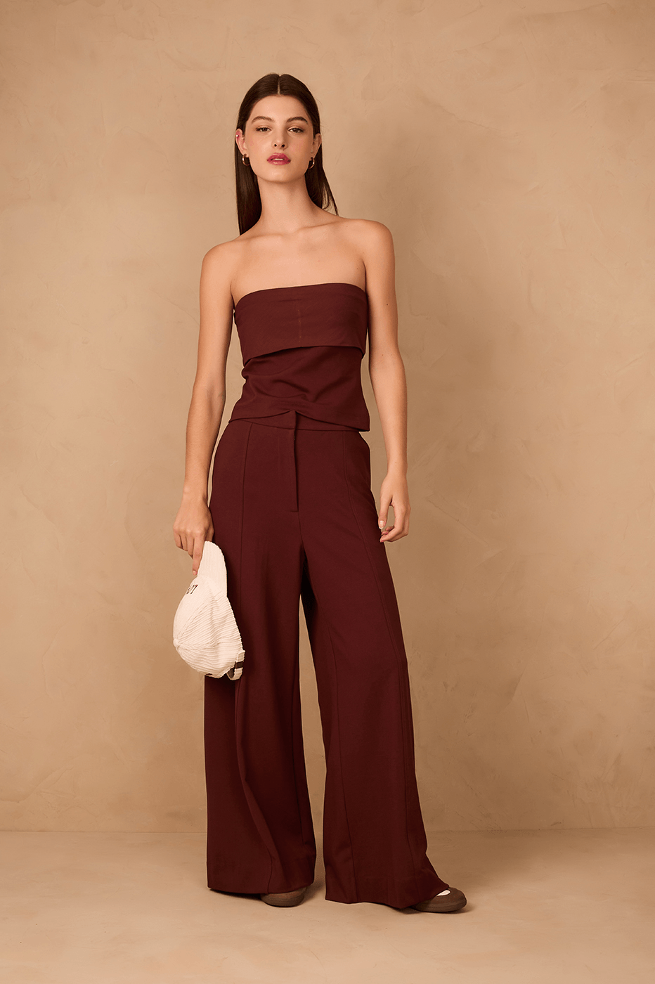 Brown Caffeine Side Pockets Wide-Leg Tailored Pants