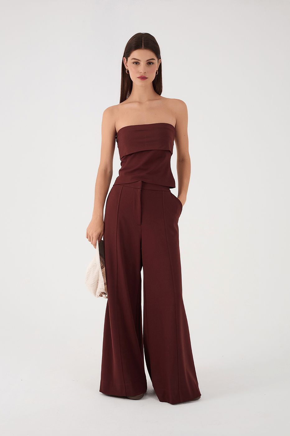 Brown Caffeine Side Pockets Wide-Leg Tailored Pants