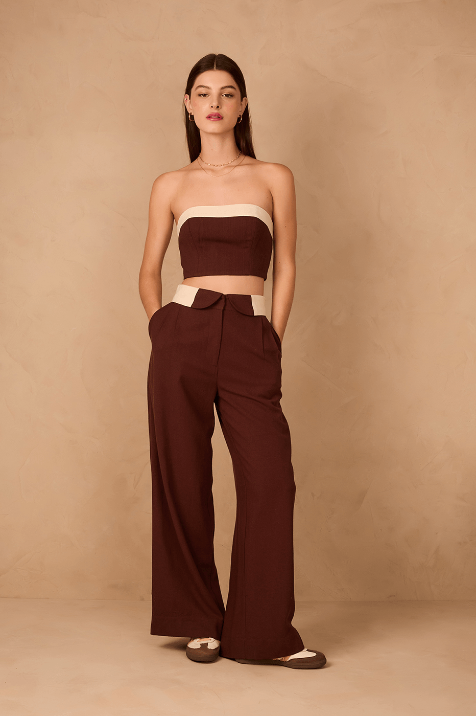 Brown And Off-White Flipped Waistline Side Pockets Linen Pants