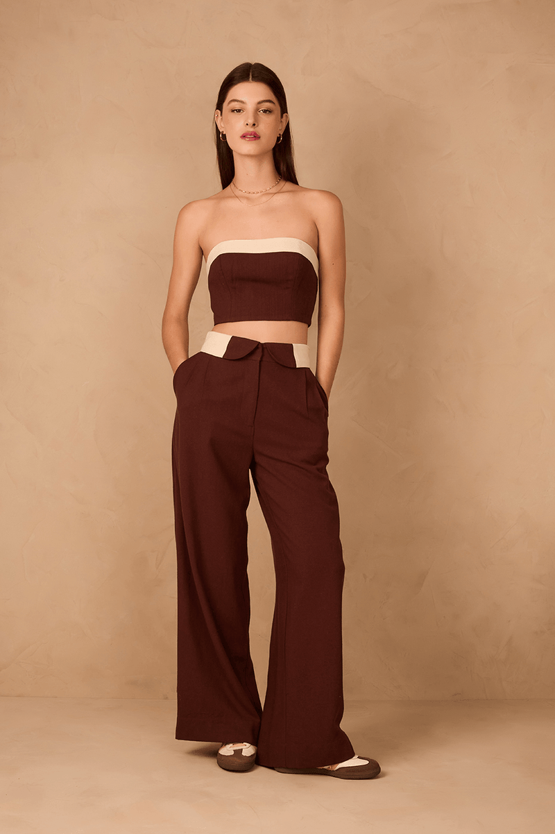 Brown And Off-White Flipped Waistline Side Pockets Linen Pants_1