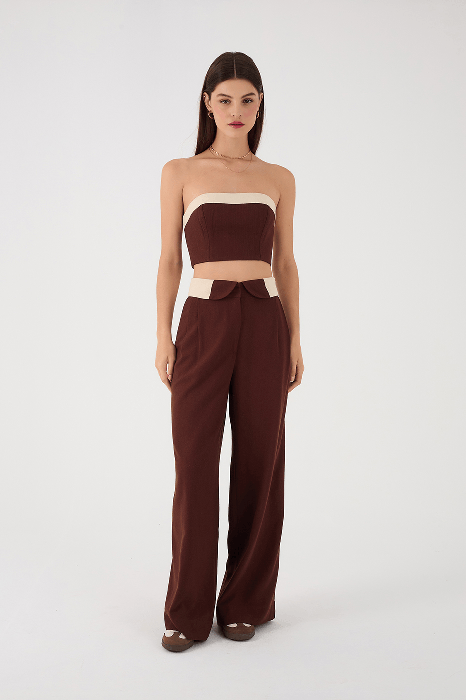 Brown And Off-White Flipped Waistline Side Pockets Linen Pants