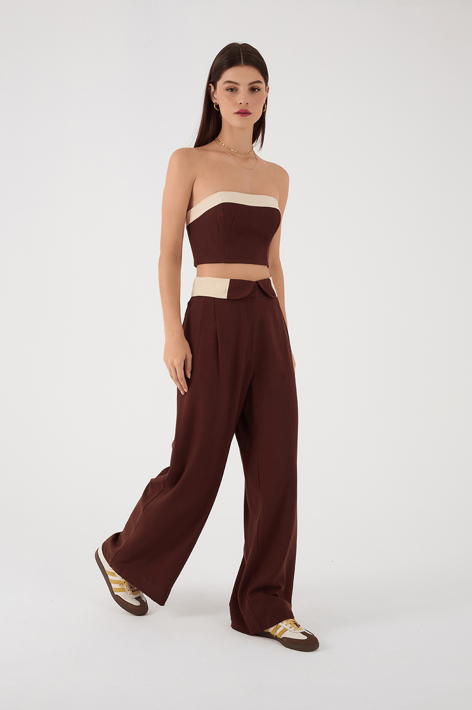 Brown And Off-White Flipped Waistline Side Pockets Linen Pants