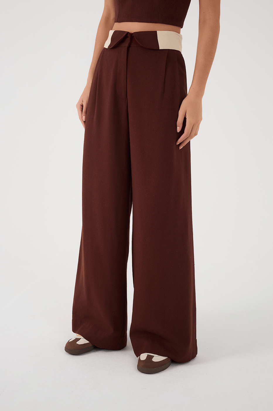 Brown And Off-White Flipped Waistline Side Pockets Linen Pants