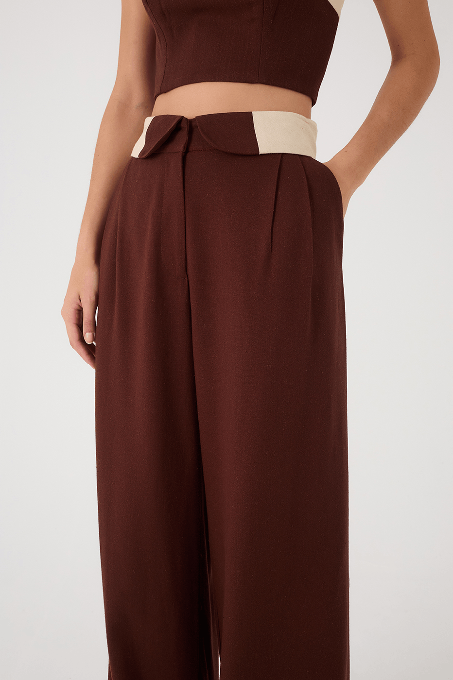 Brown And Off-White Flipped Waistline Side Pockets Linen Pants
