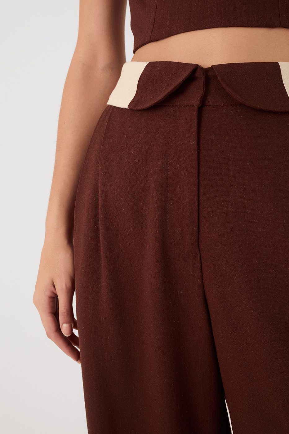 Brown And Off-White Flipped Waistline Side Pockets Linen Pants