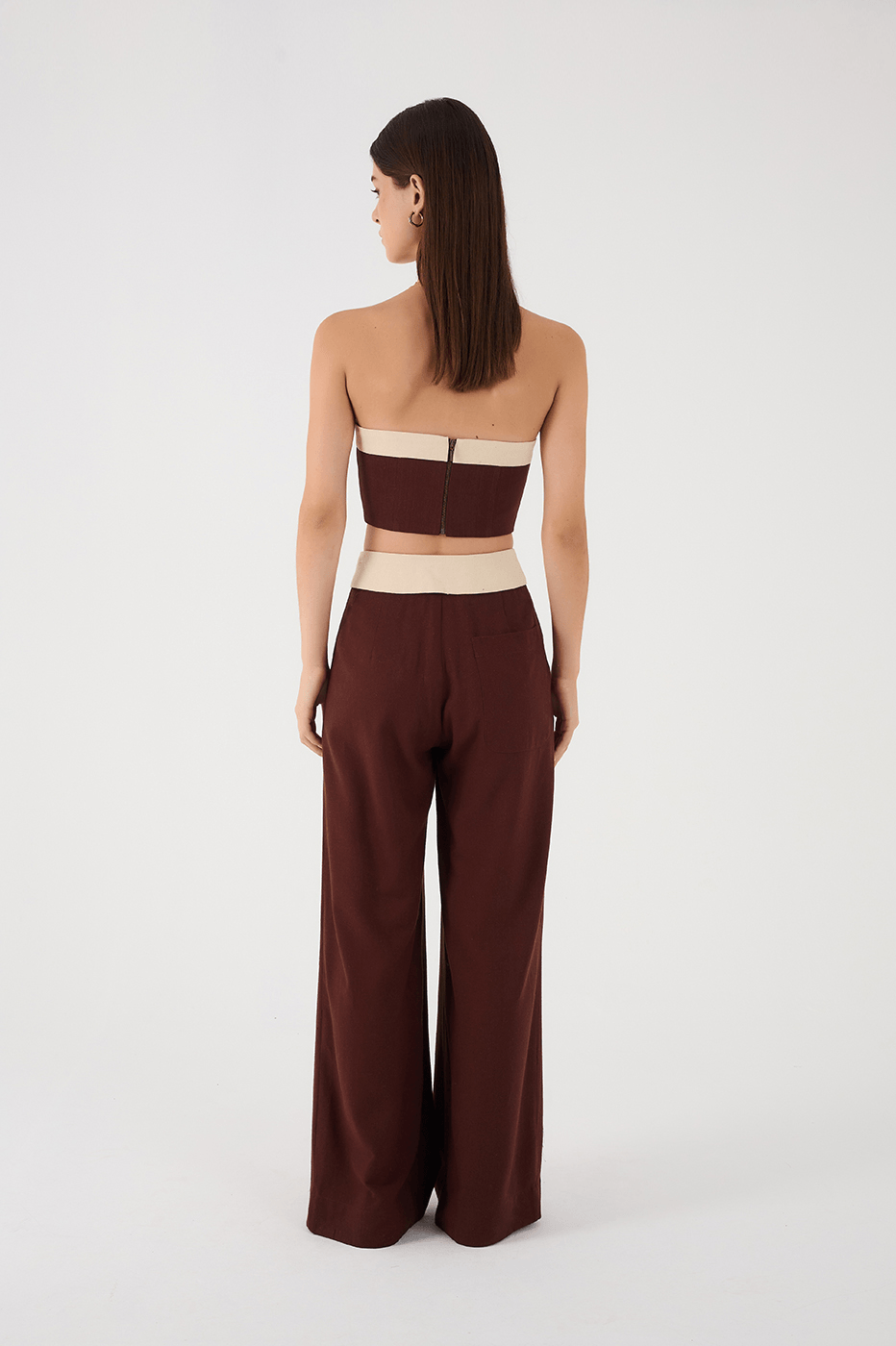 Brown And Off-White Flipped Waistline Side Pockets Linen Pants