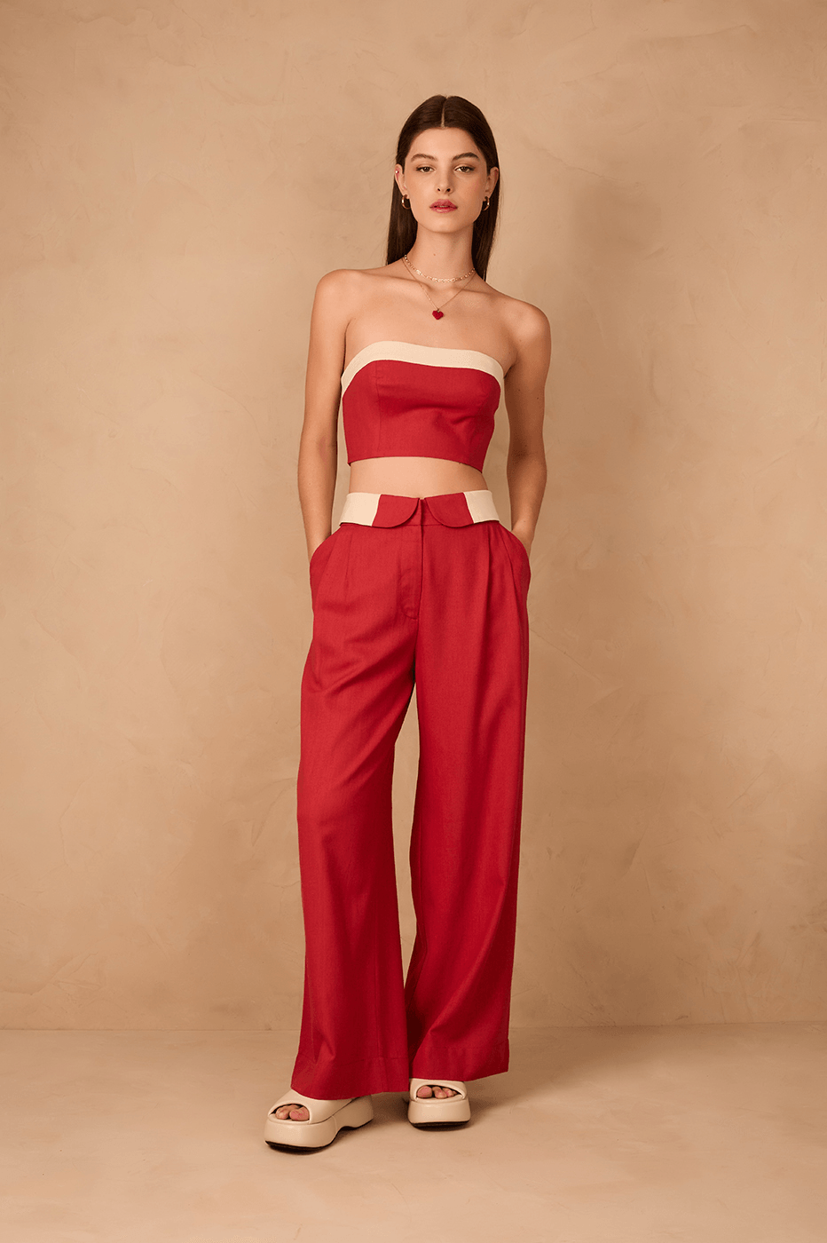 Brown And Off-White Flipped Waistline Side Pockets Linen Pants