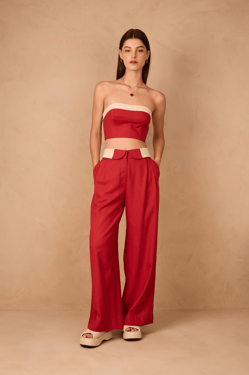 Brown And Off-White Flipped Waistline Side Pockets Linen Pants_1