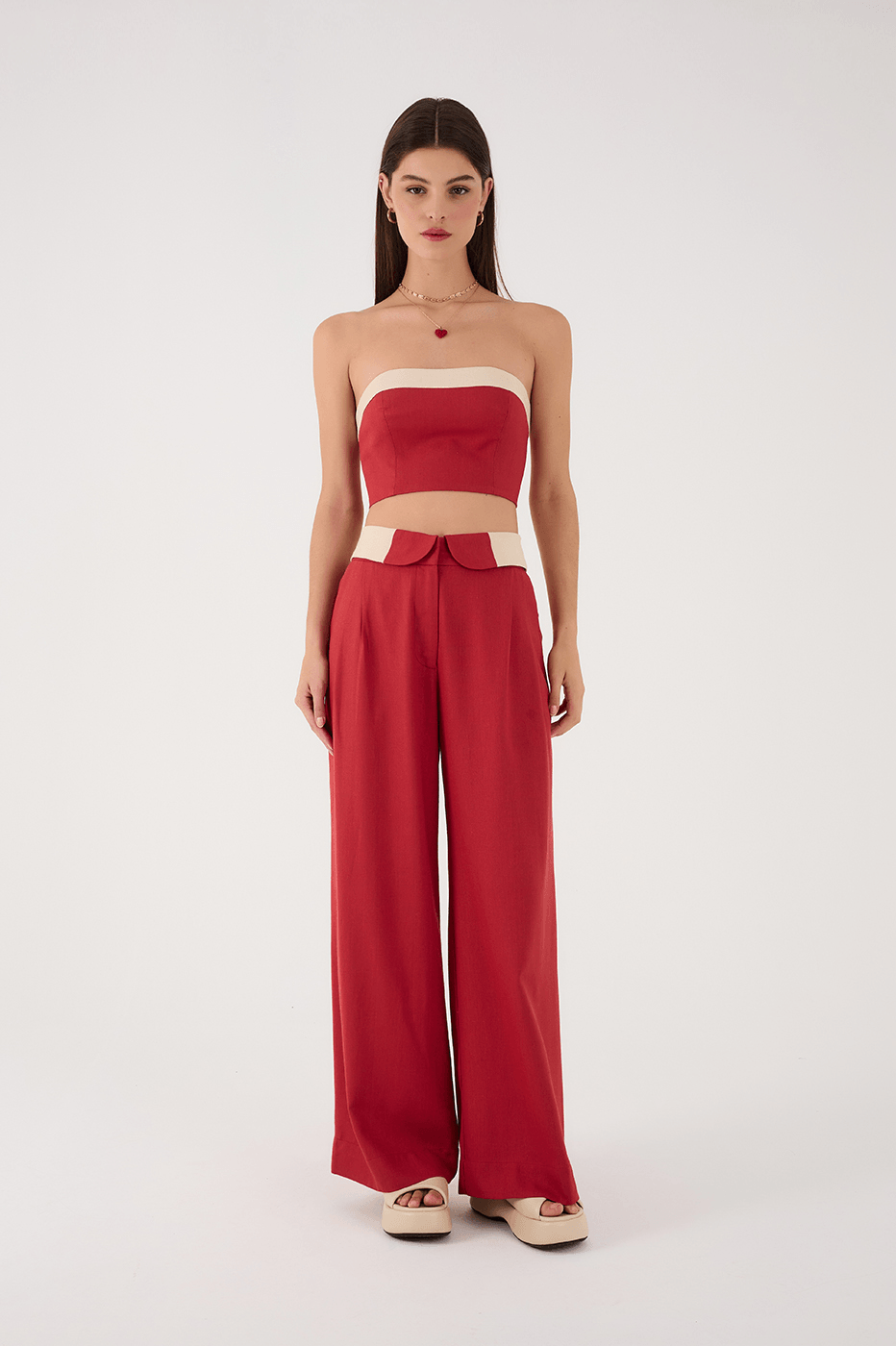 Brown And Off-White Flipped Waistline Side Pockets Linen Pants