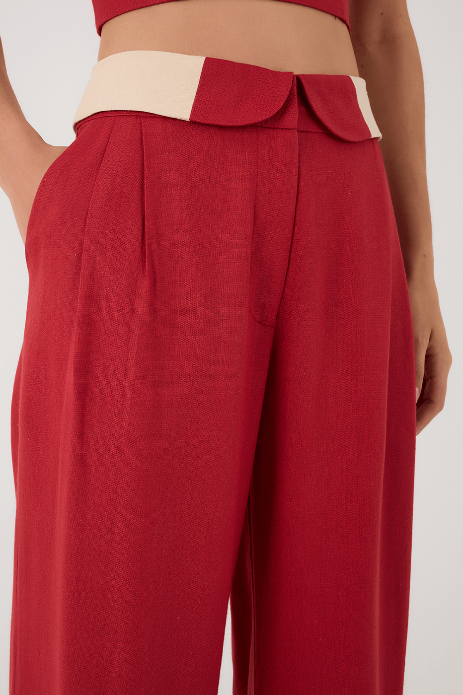 Brown And Off-White Flipped Waistline Side Pockets Linen Pants