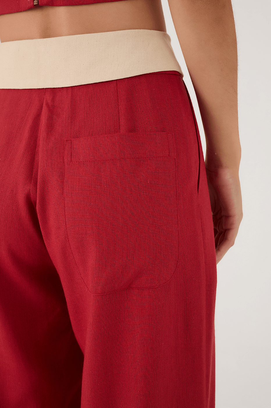 Brown And Off-White Flipped Waistline Side Pockets Linen Pants