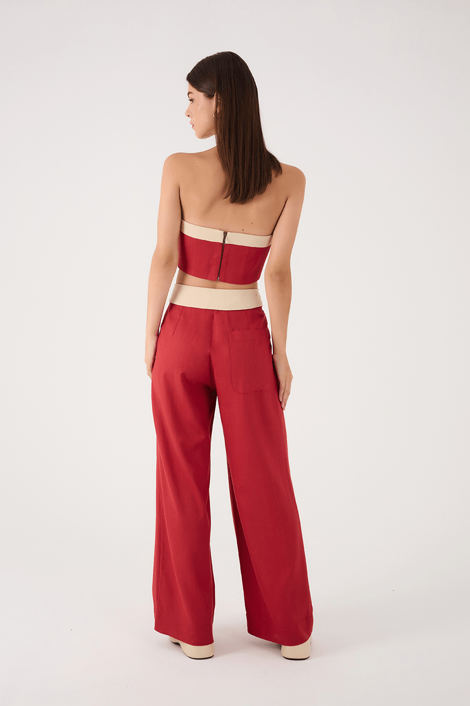 Brown And Off-White Flipped Waistline Side Pockets Linen Pants