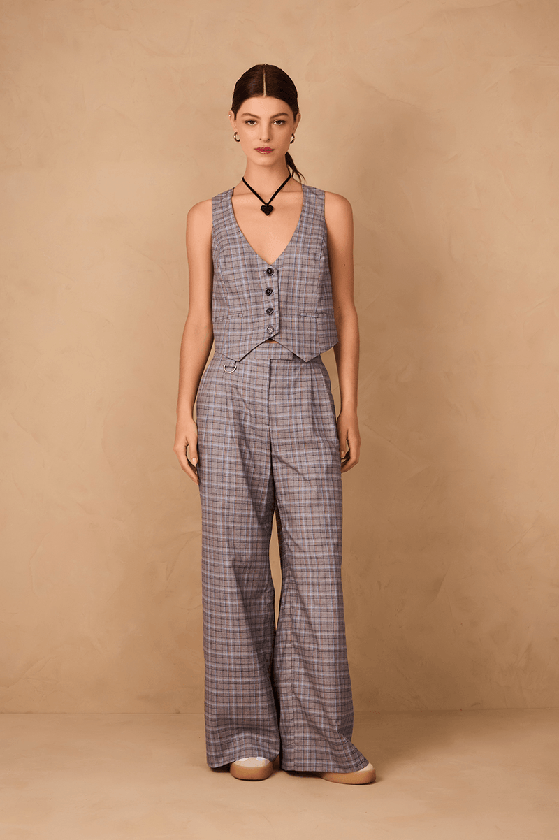 Grey Plaid Side Pockets Tailored Pants_1