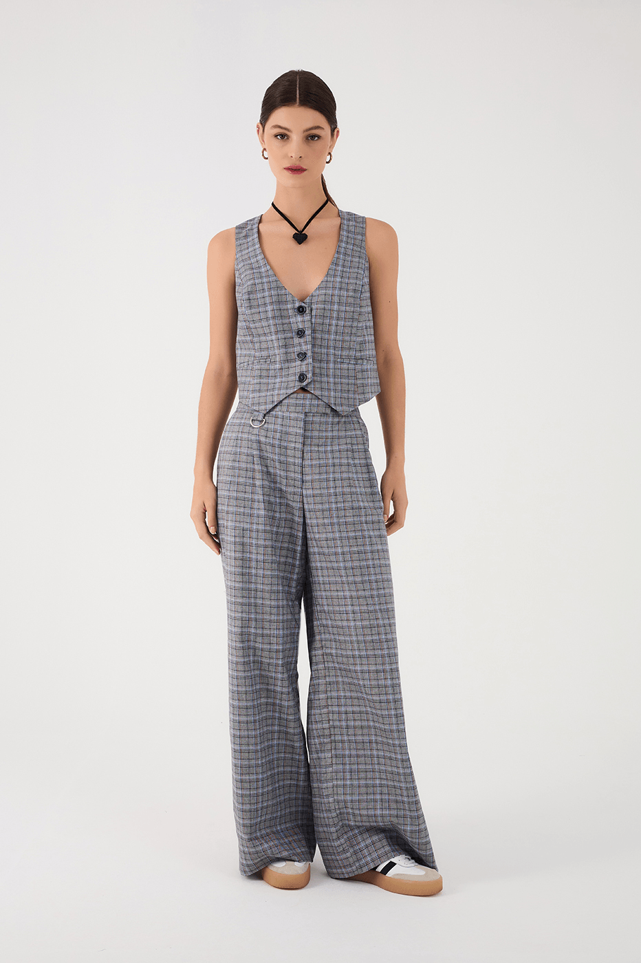 Grey Plaid Side Pockets Tailored Pants