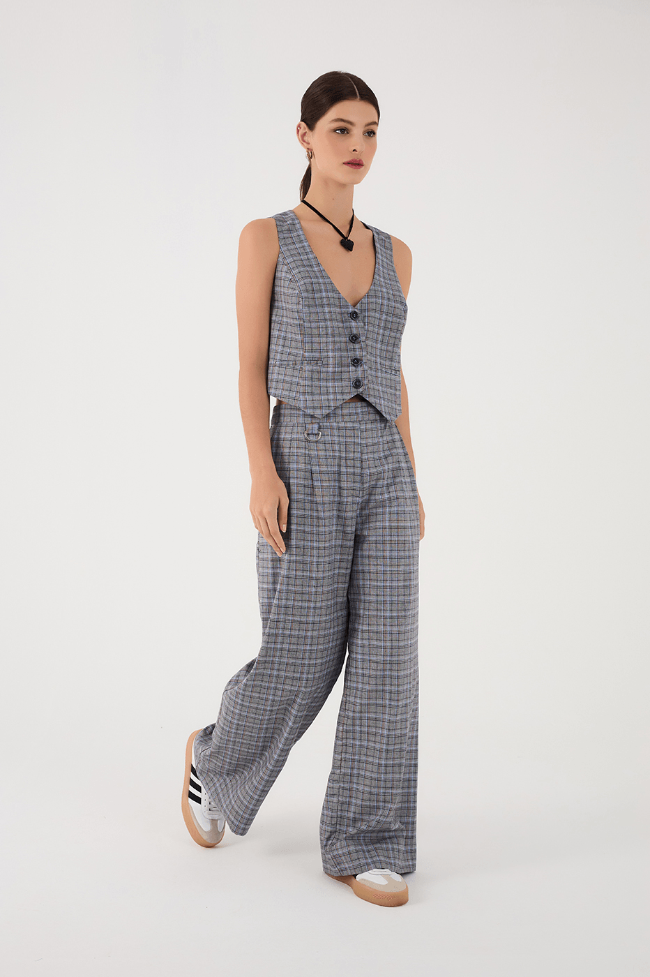 Grey Plaid Side Pockets Tailored Pants