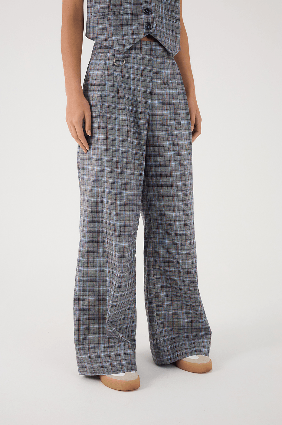 Grey Plaid Side Pockets Tailored Pants