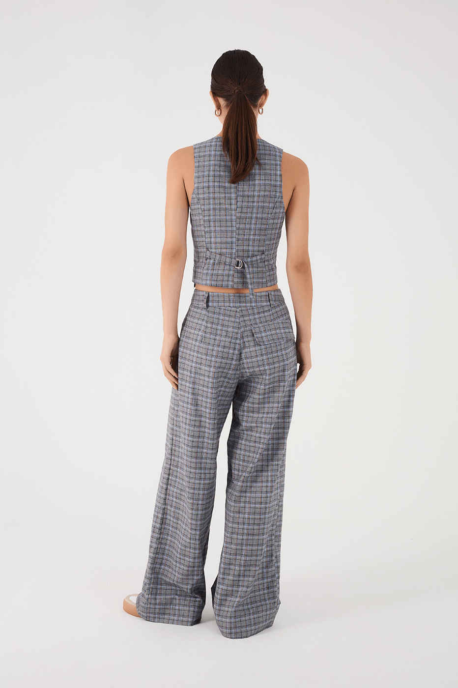 Grey Plaid Side Pockets Tailored Pants